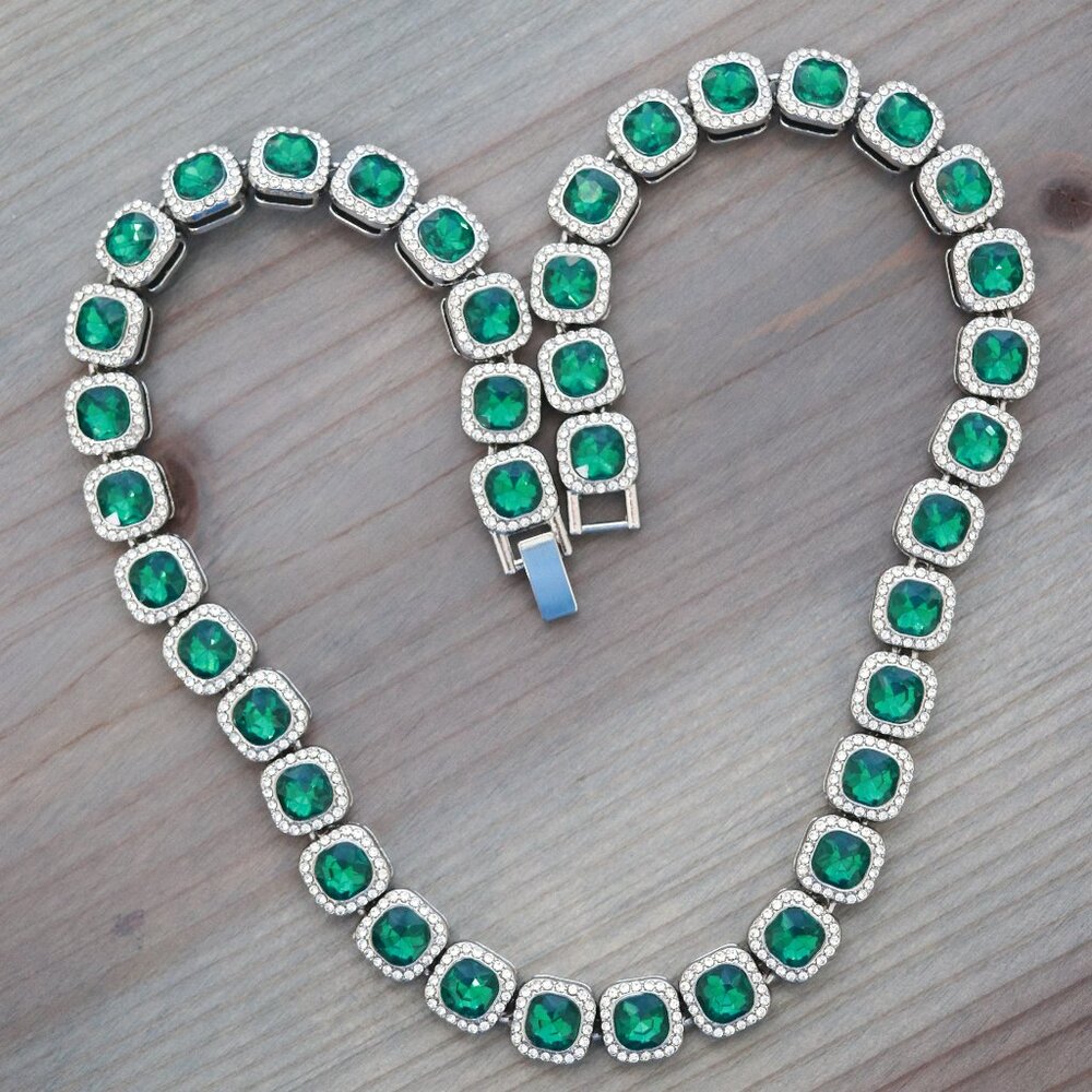 Emerald Green Halo Tennis Necklace - Women Jewelry Necklaces